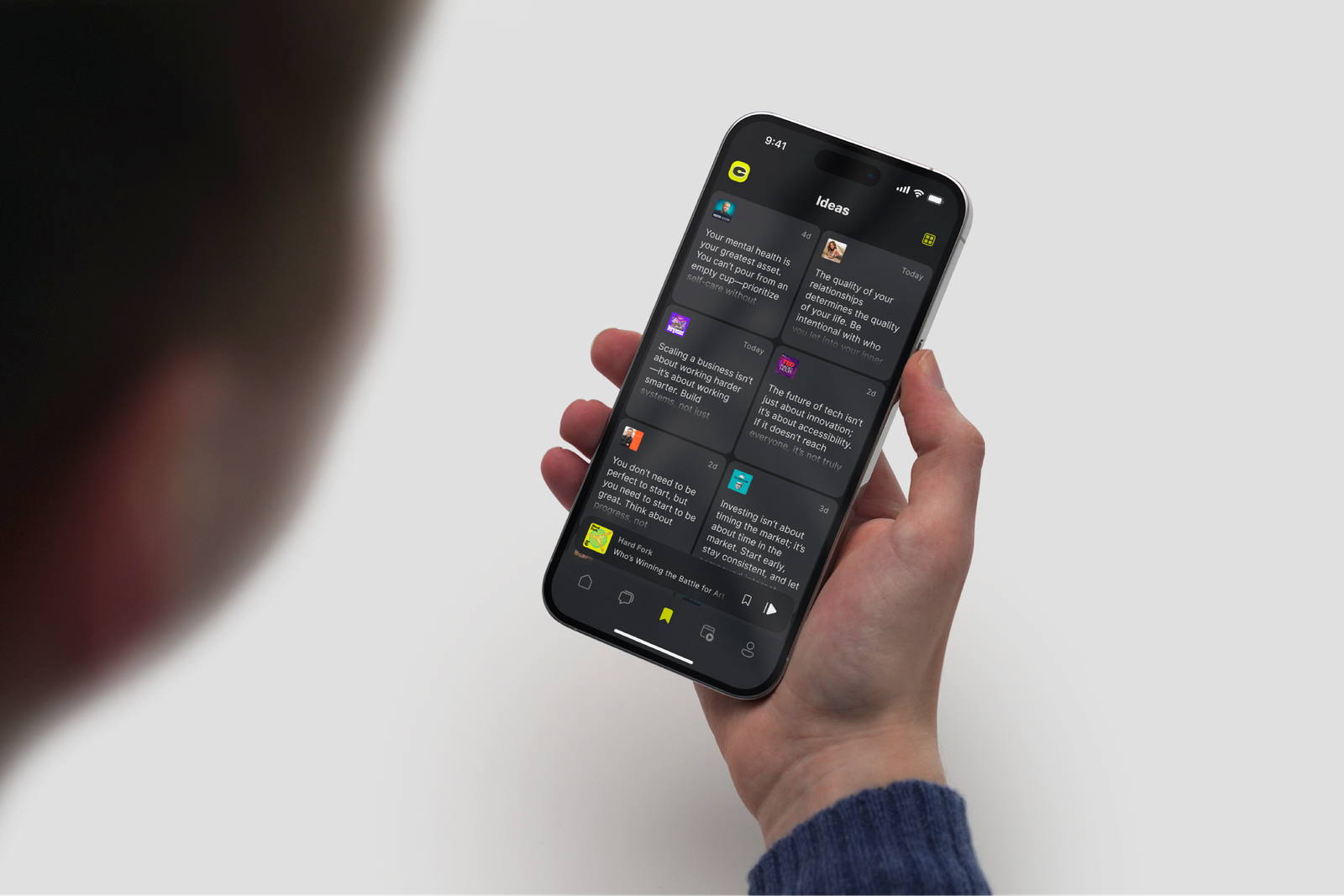CueUp Ideas screen — grid of saved podcast takeaways
