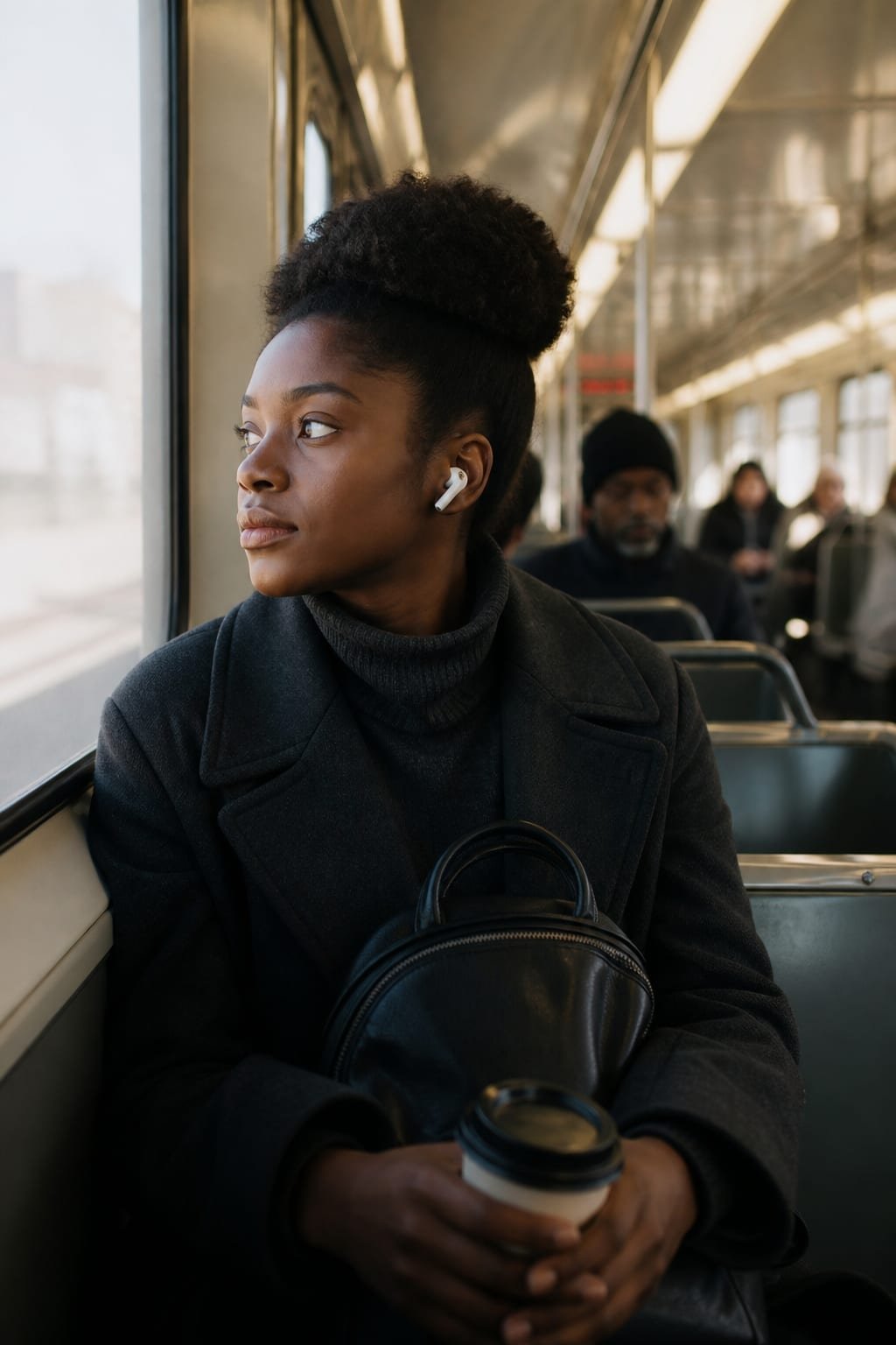 Woman on a subway looking out the window, wireless earbuds in