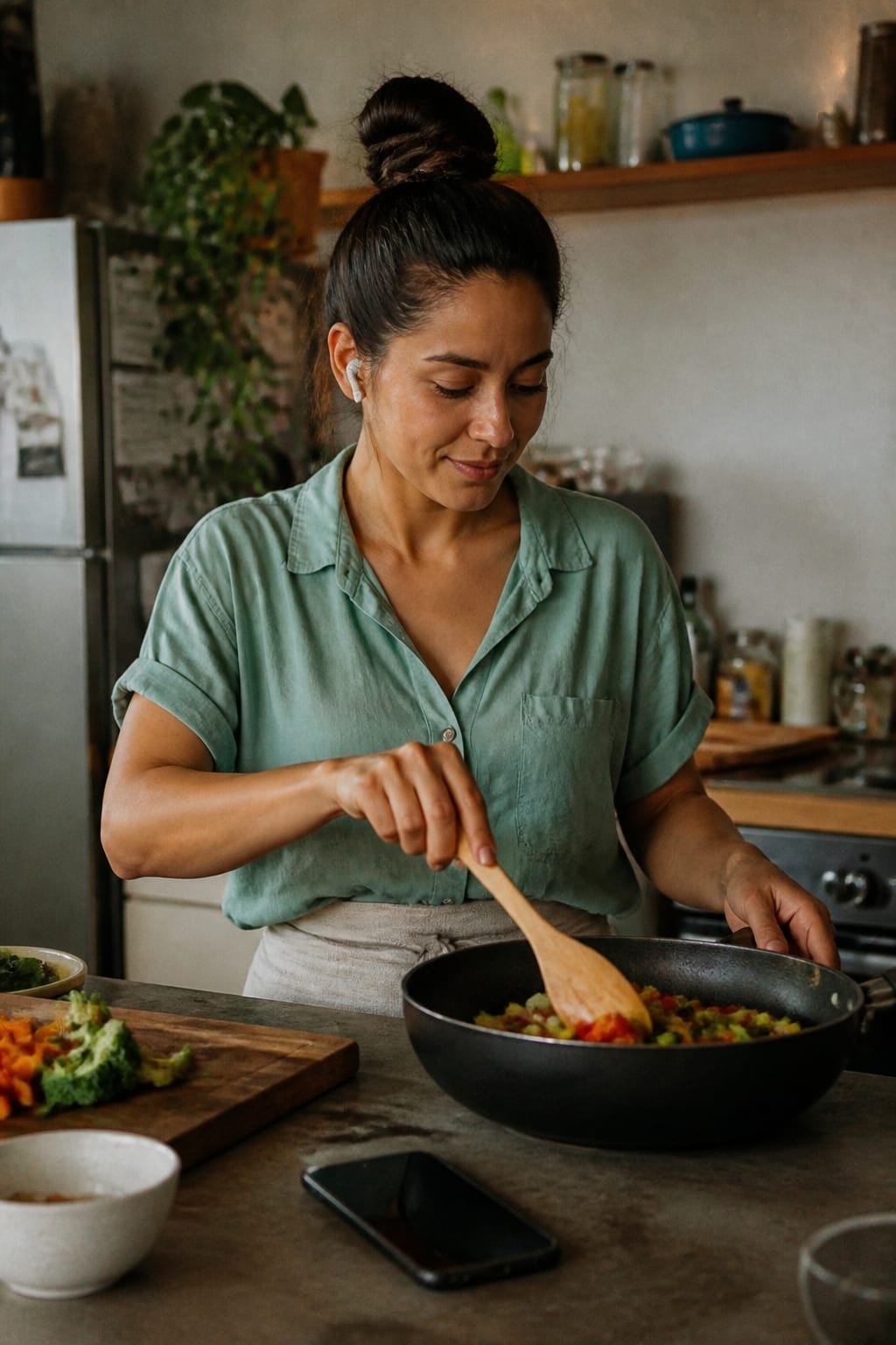 Woman cooking at a kitchen island, wireless earbuds in