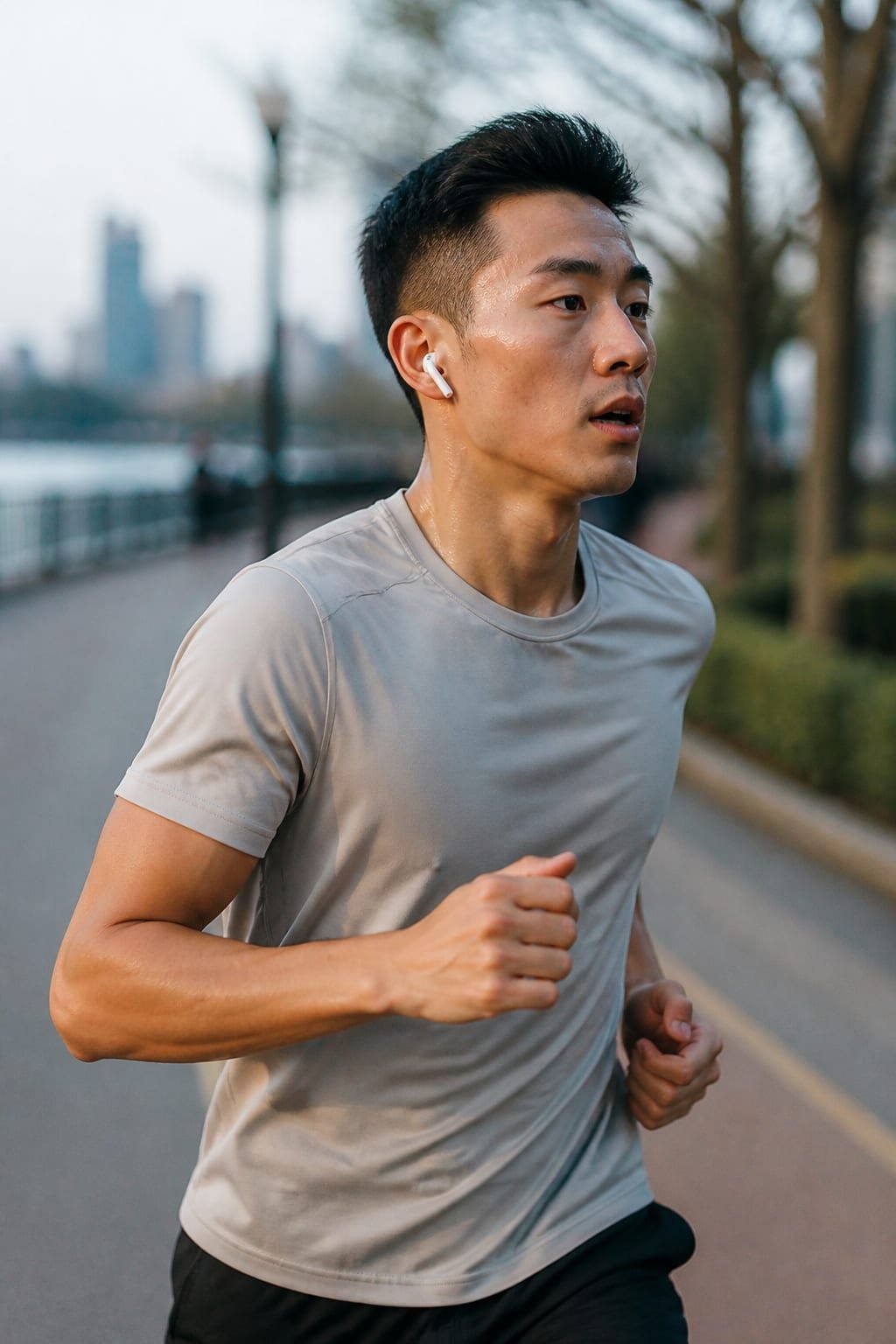 Runner on an outdoor path at dusk, wireless earbuds in