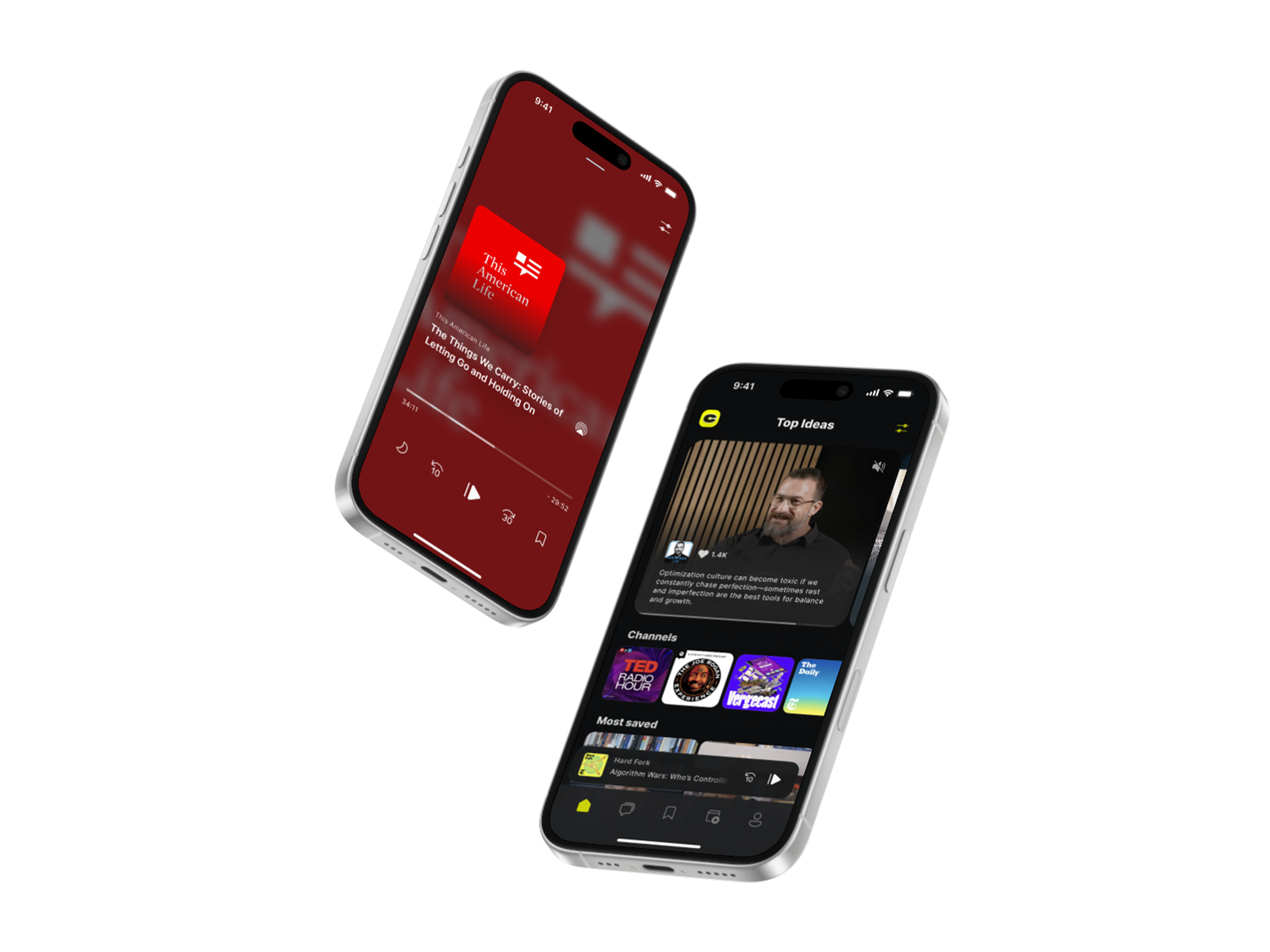 CueUp — Top Ideas feed and Now Playing screens on two iPhones