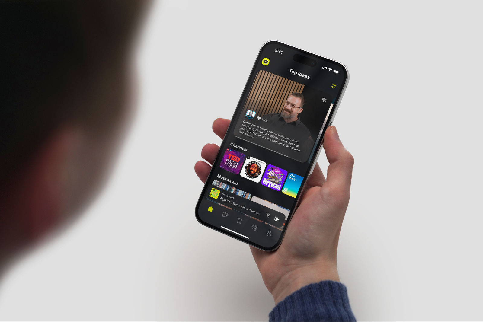 CueUp Now Playing — lifestyle mockup in hand