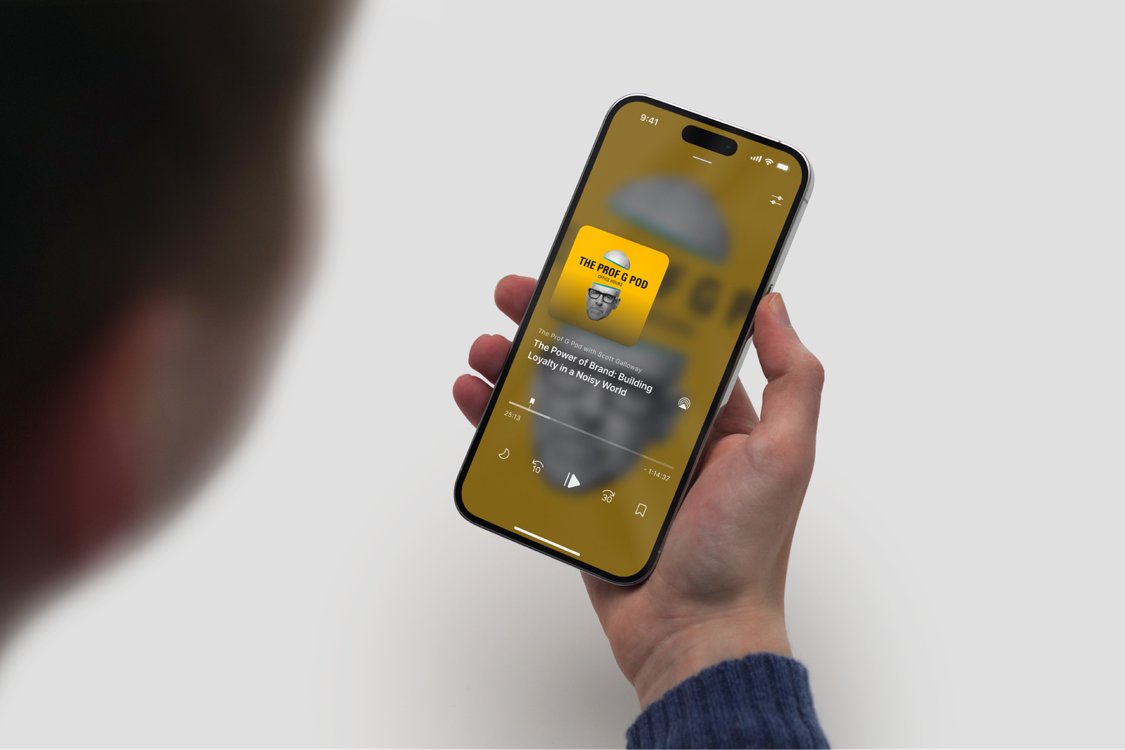 CueUp Now Playing — The Prof G Pod with yellow brand gradient