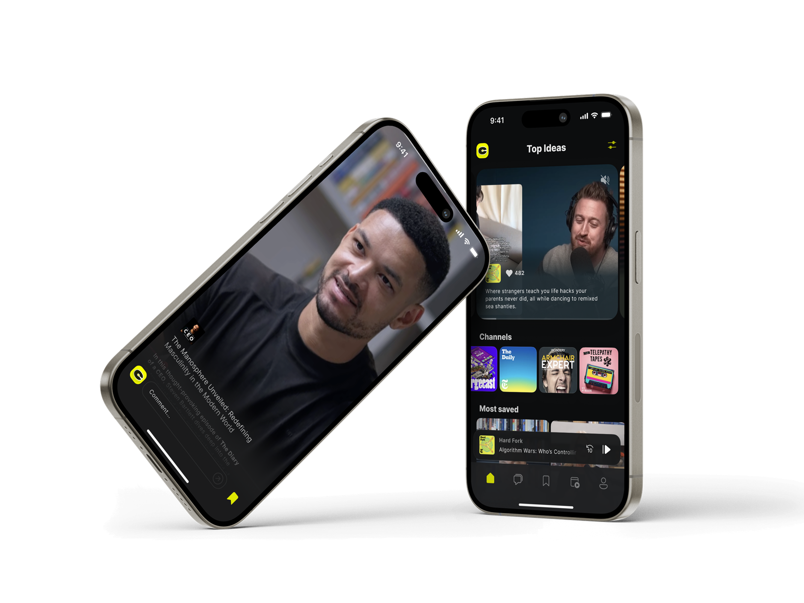 CueUp — social episode view and Top Ideas feed side by side
