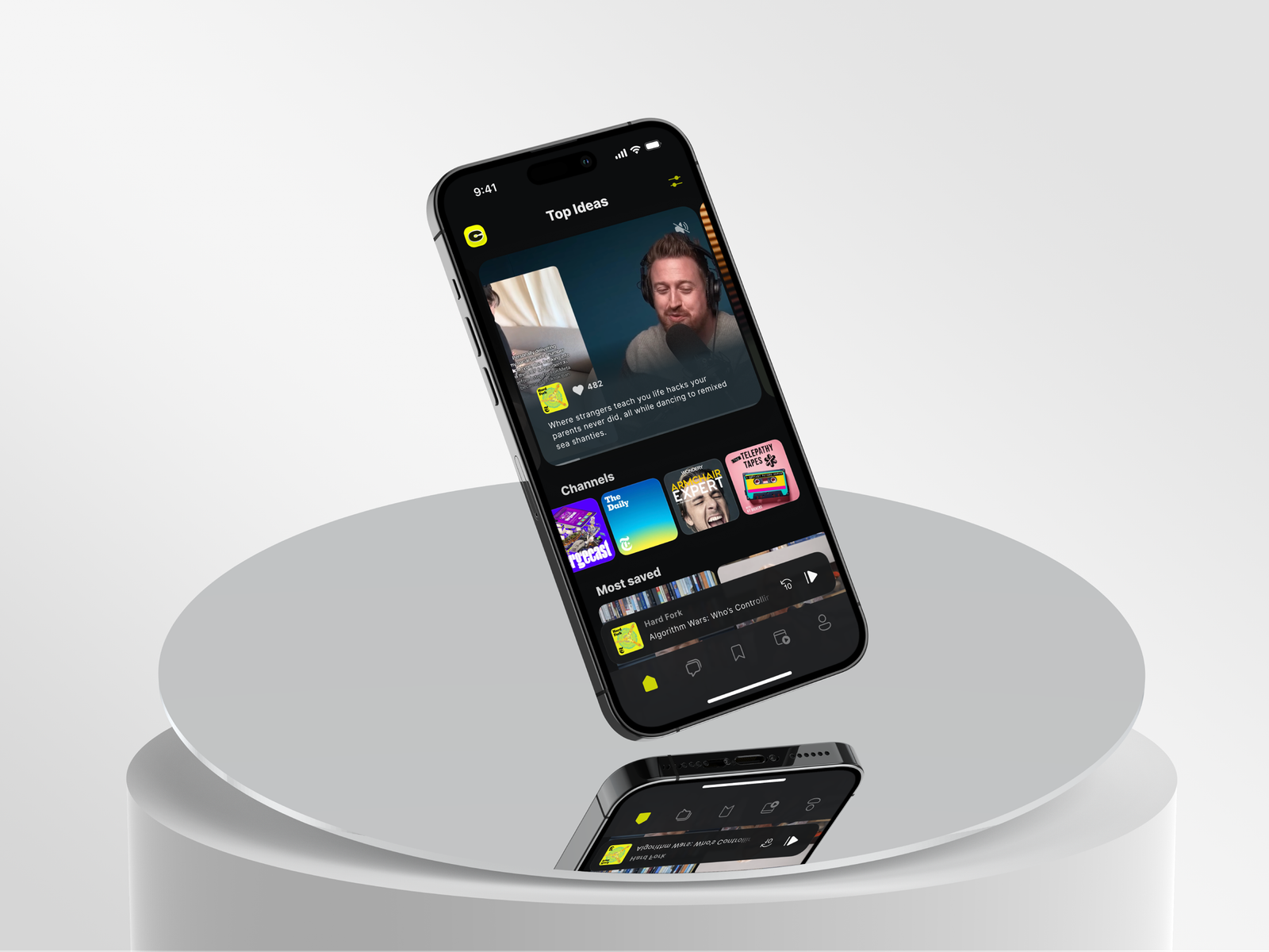 CueUp Top Ideas feed — featured clip, channels row, and mini-player