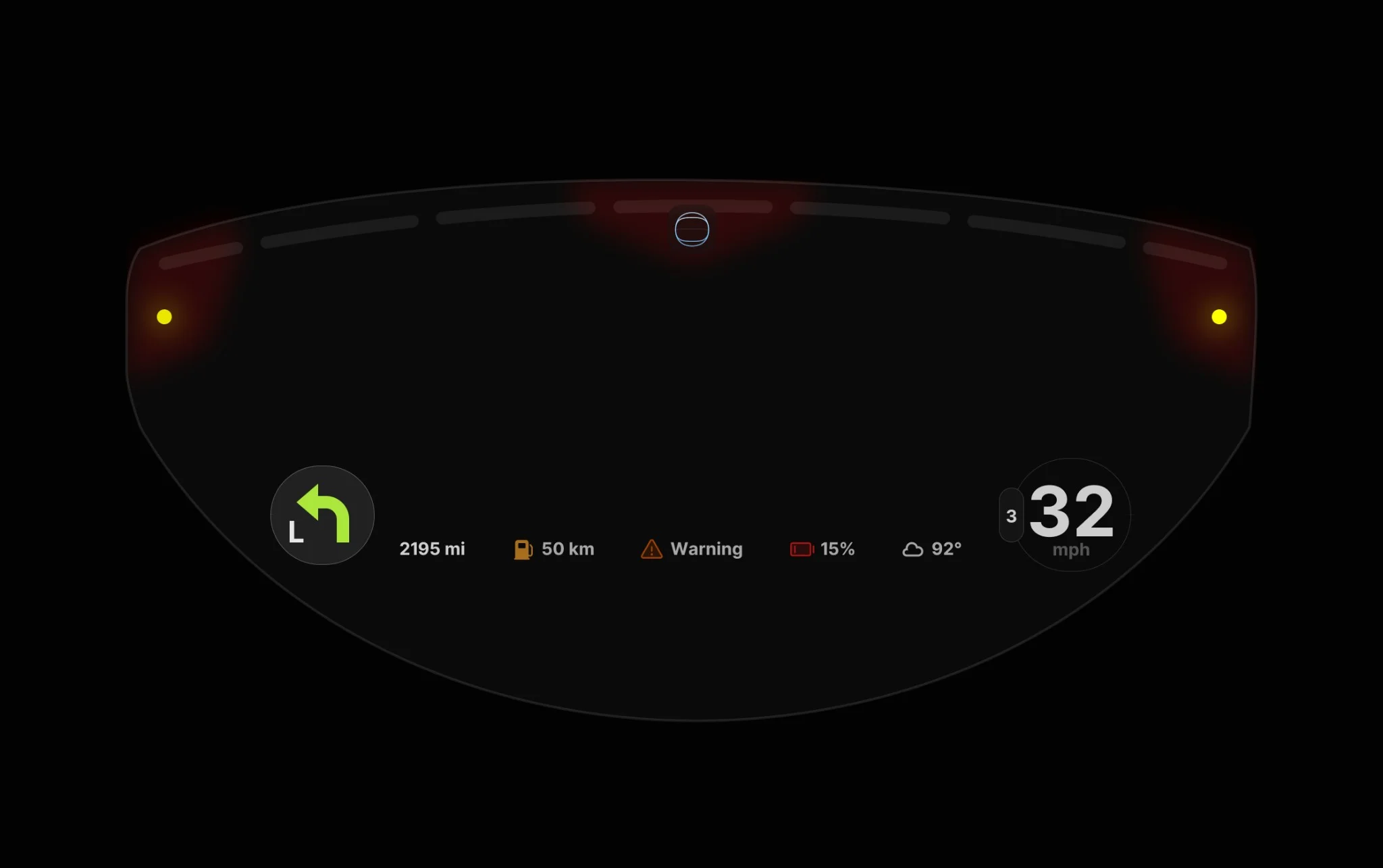 Gia HUD overlay on city street at night — navigation, speed, and status indicators