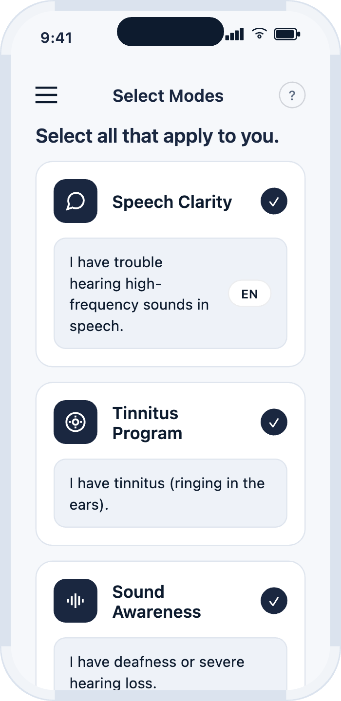 Select modes — Speech clarity, tinnitus, and sound awareness