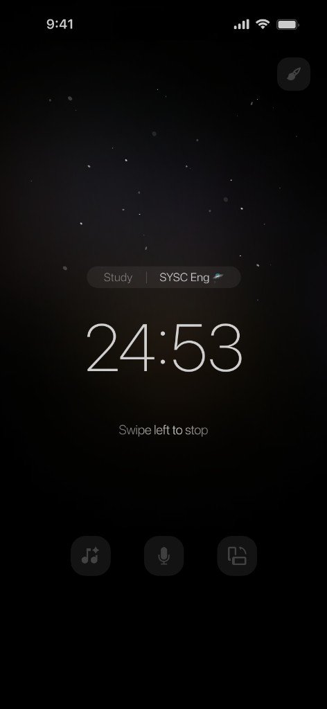 Familiar focus UI — large numeric countdown on a starfield (measurement and self-monitoring)