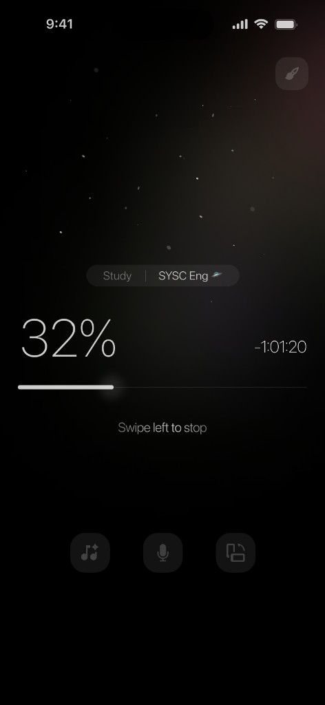 Familiar focus UI — percentage and time remaining with a progress bar (measurement pattern)