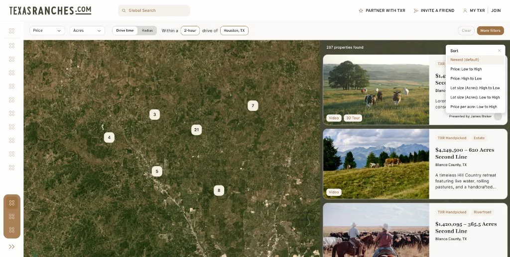 Property search results — map view with sort options and listing cards