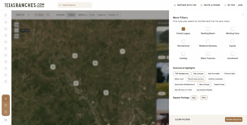 More Filters sidebar — purpose, features, square footage filters