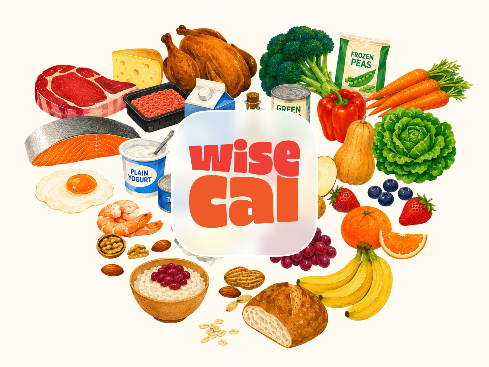 WiseCal — illustrated foods surrounding the brand mark