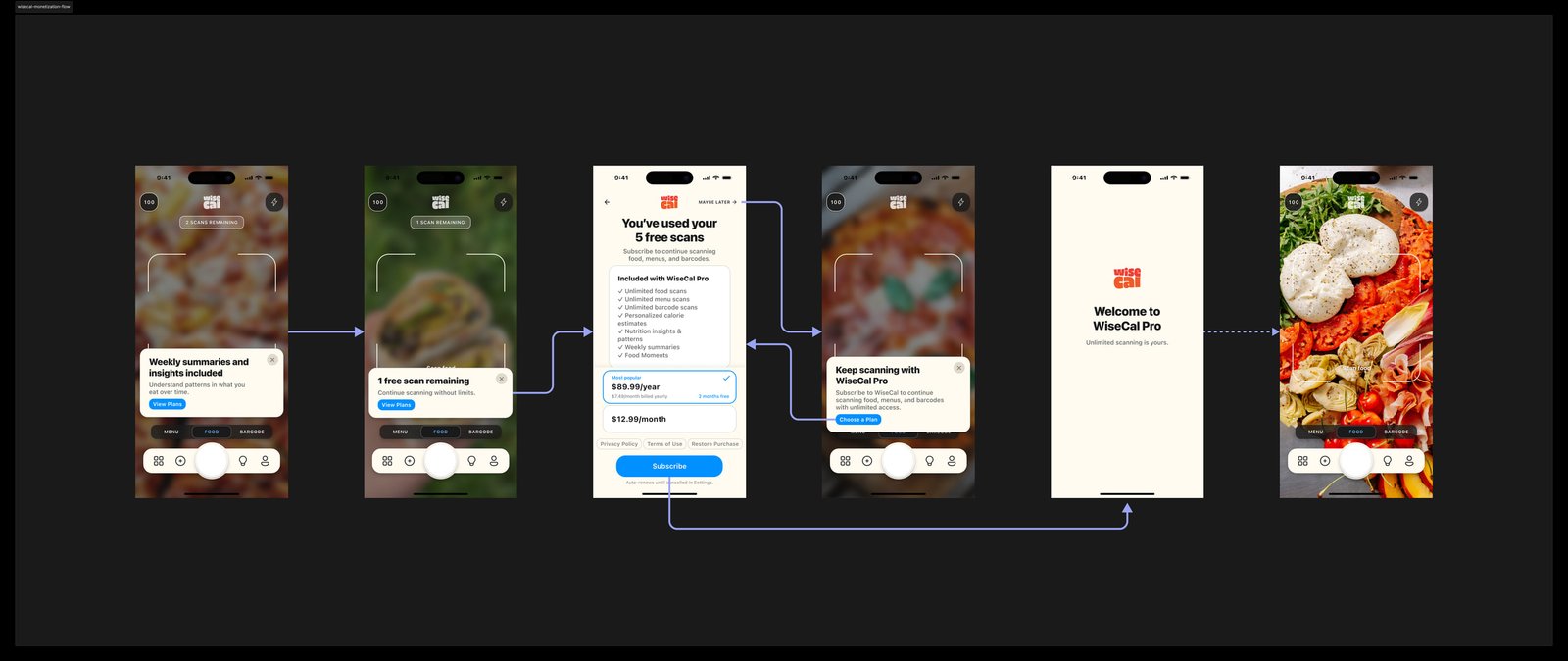 WiseCal Pro flow: usage prompts, plan selection, and Welcome to WiseCal Pro success screen