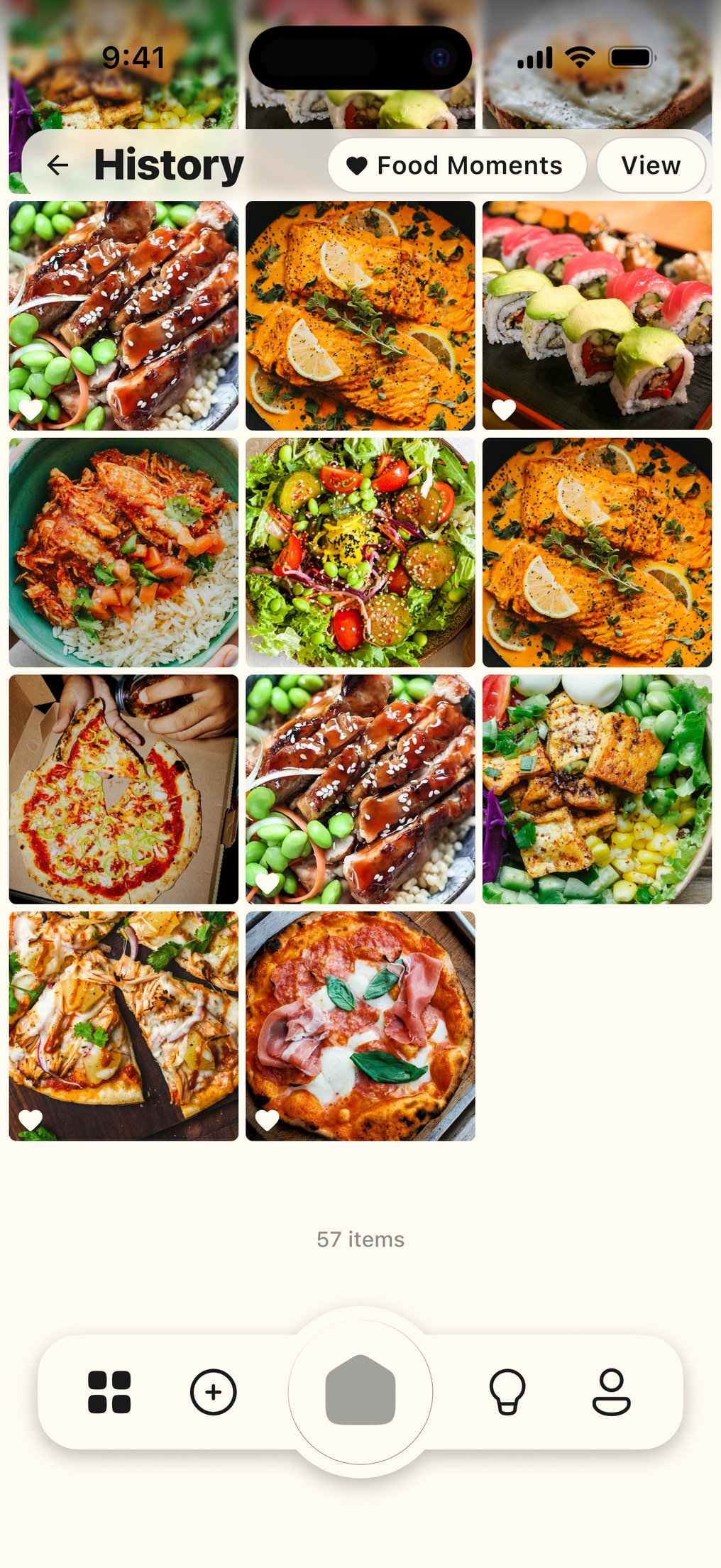 WiseCal History: Food Moments grid of saved scans