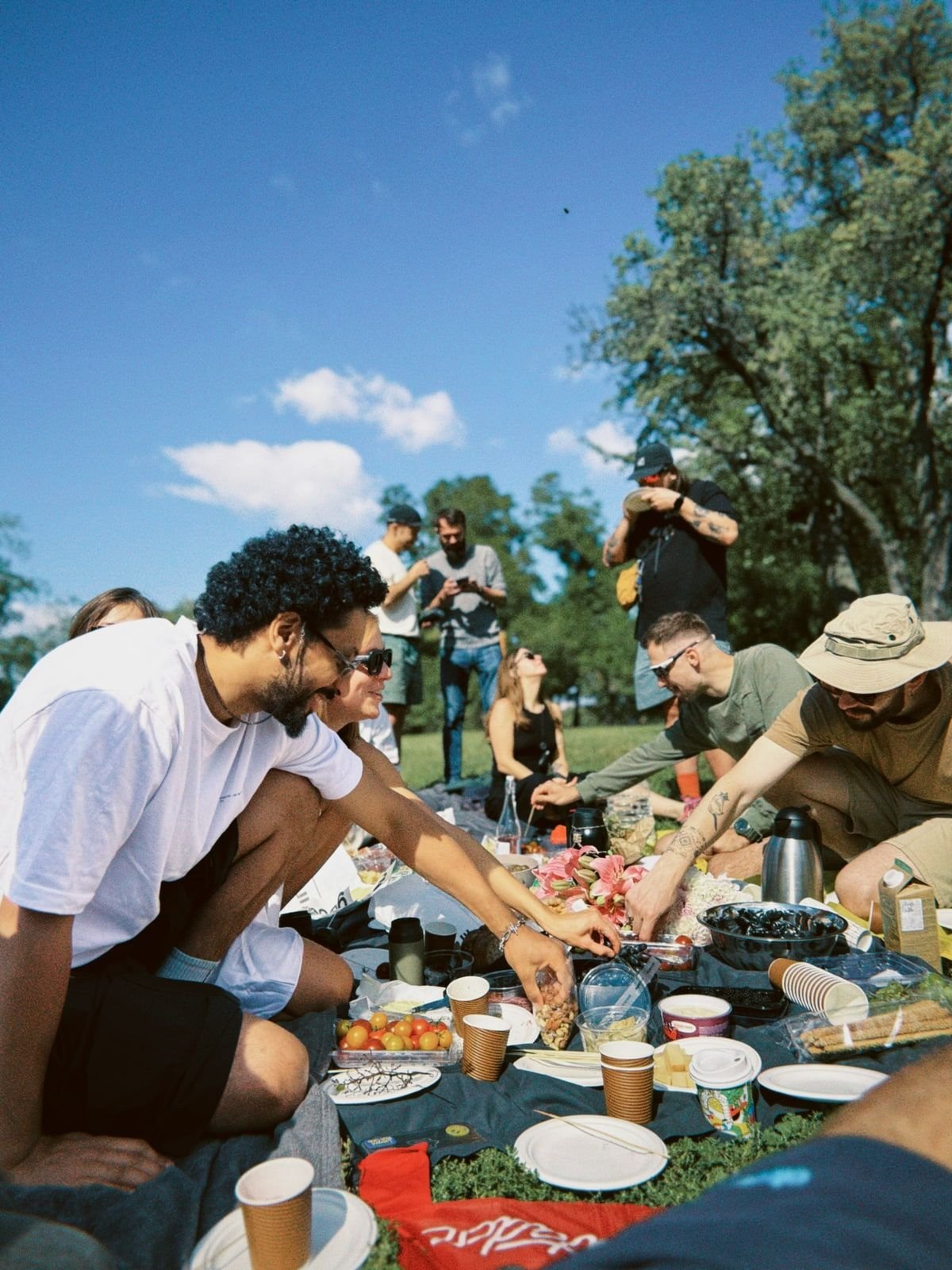 Friends at a park picnic with snacks and drinks on a blanket in a sunny park