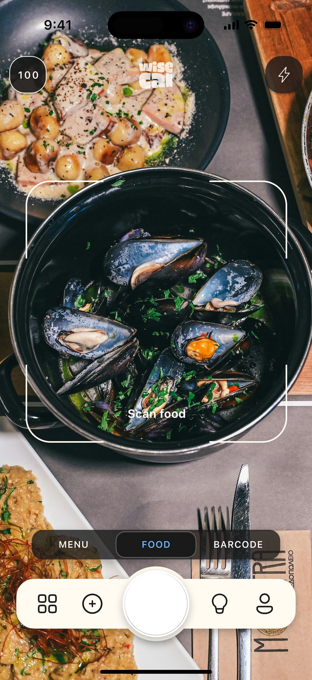 WiseCal camera: Scan food mode framing a bowl of mussels