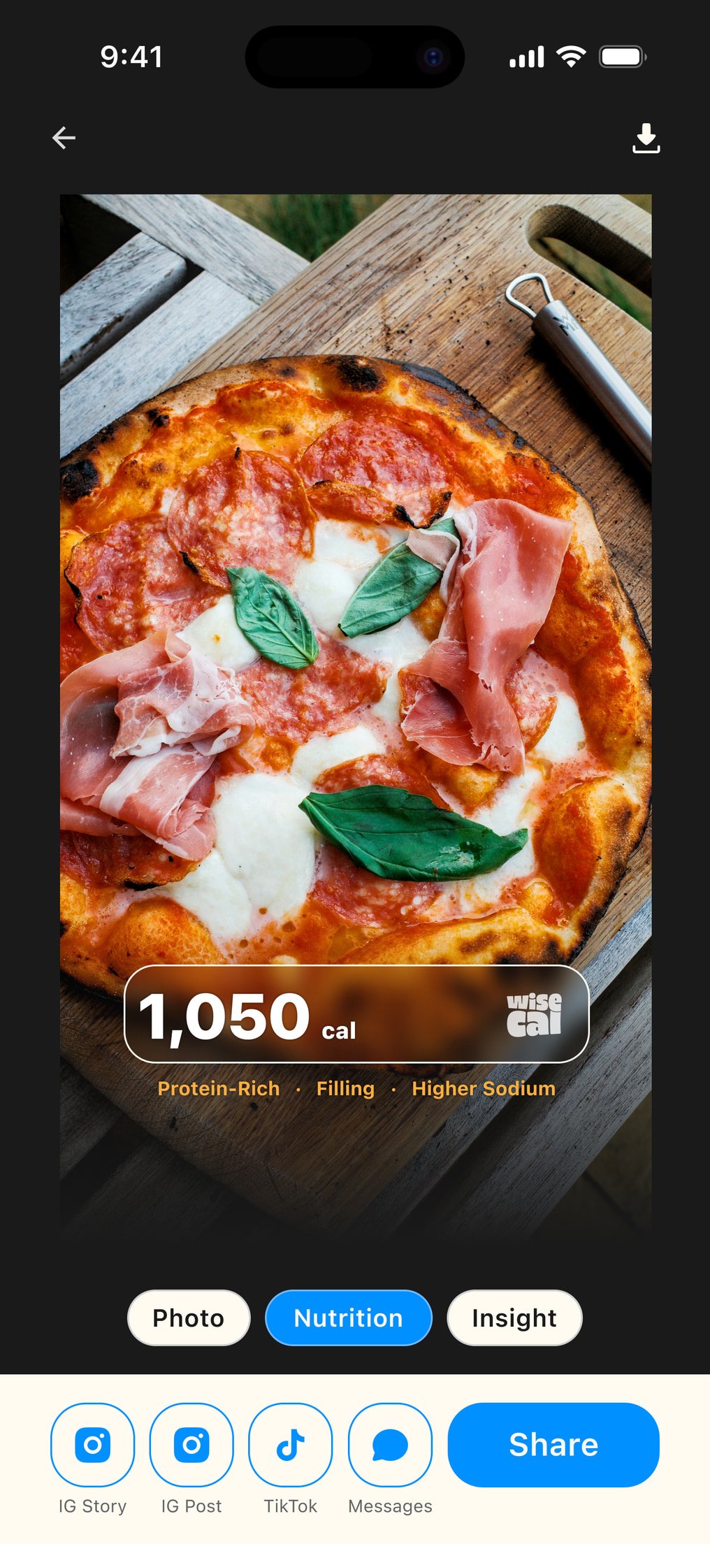 WiseCal share view: calorie overlay and social export options