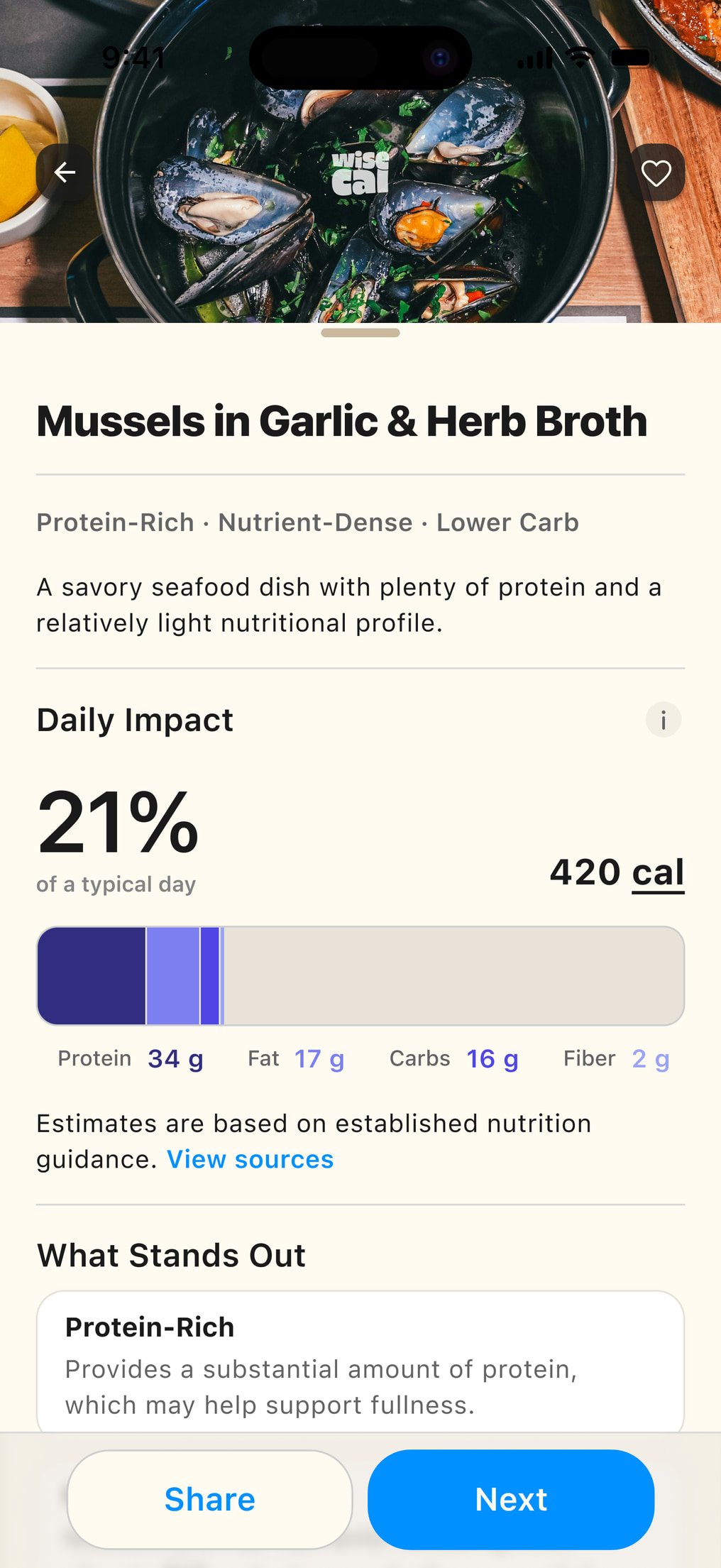 WiseCal summary sheet: Mussels in Garlic & Herb Broth with daily impact and macros